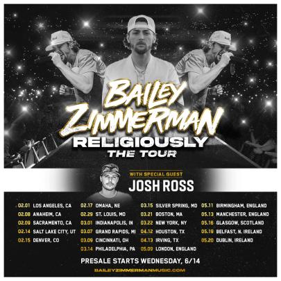 BAILEY ZIMMERMAN ANNOUNCES 2024 INTERNATIONAL HEADLINING DATES FOR RELIGIOUSLY. THE TOUR.